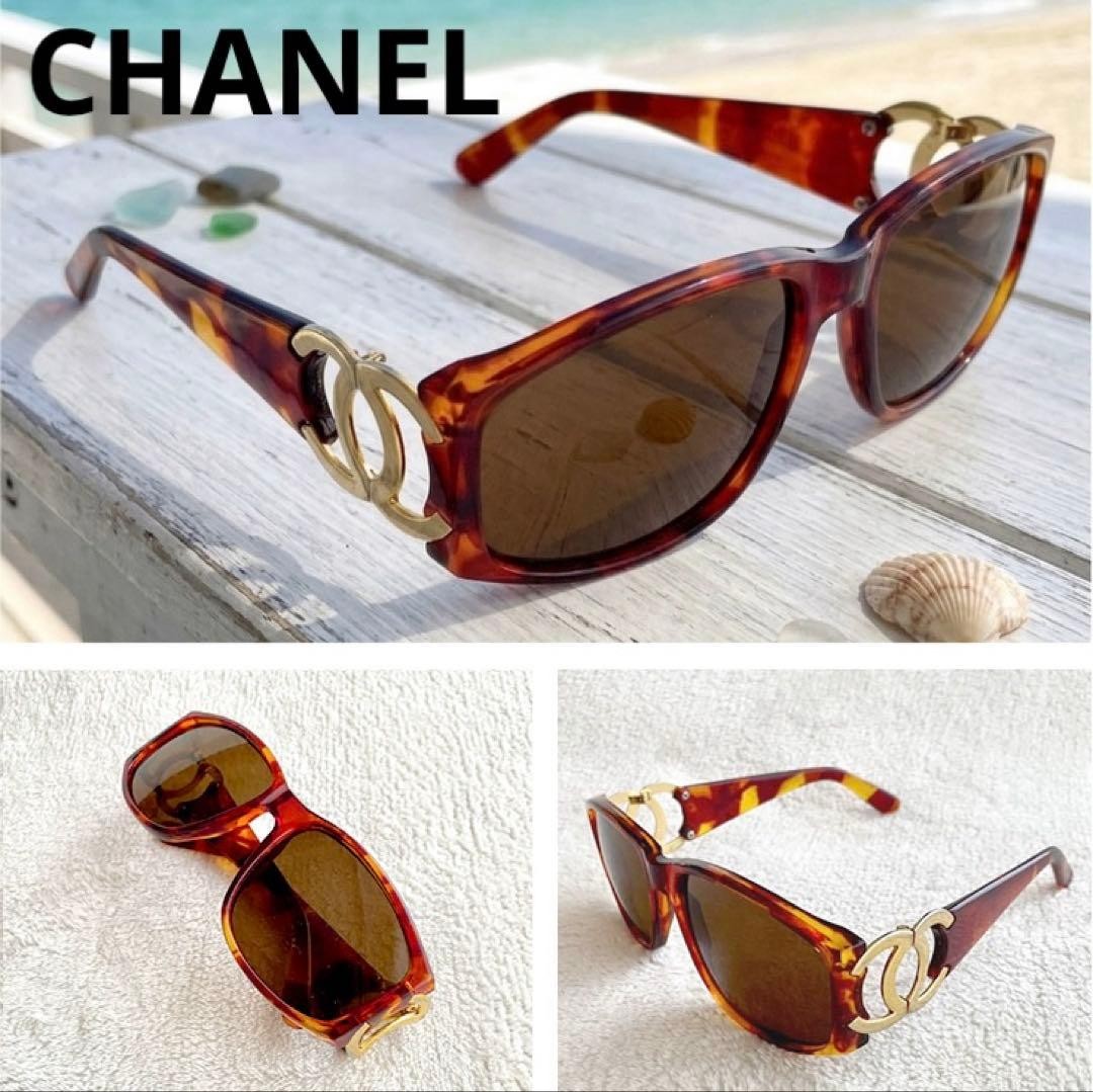 Excellent CHANEL Tortoise Rectangle Sunglasses Coco Mark Pattern UV Auth Italy