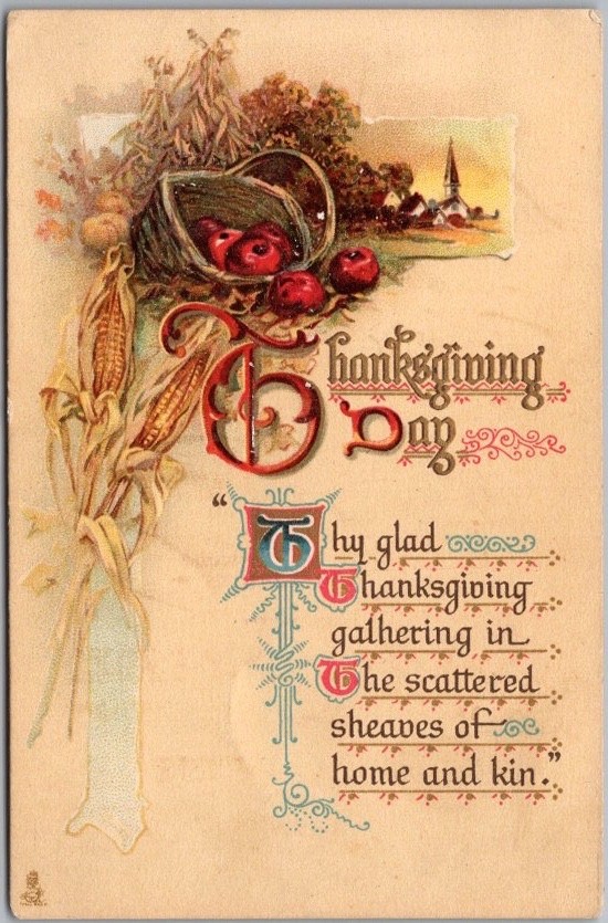 Vintage 1910s Tuck's THANKSGIVING DAY Postcard Apple Basket / Corn - Farm Scene