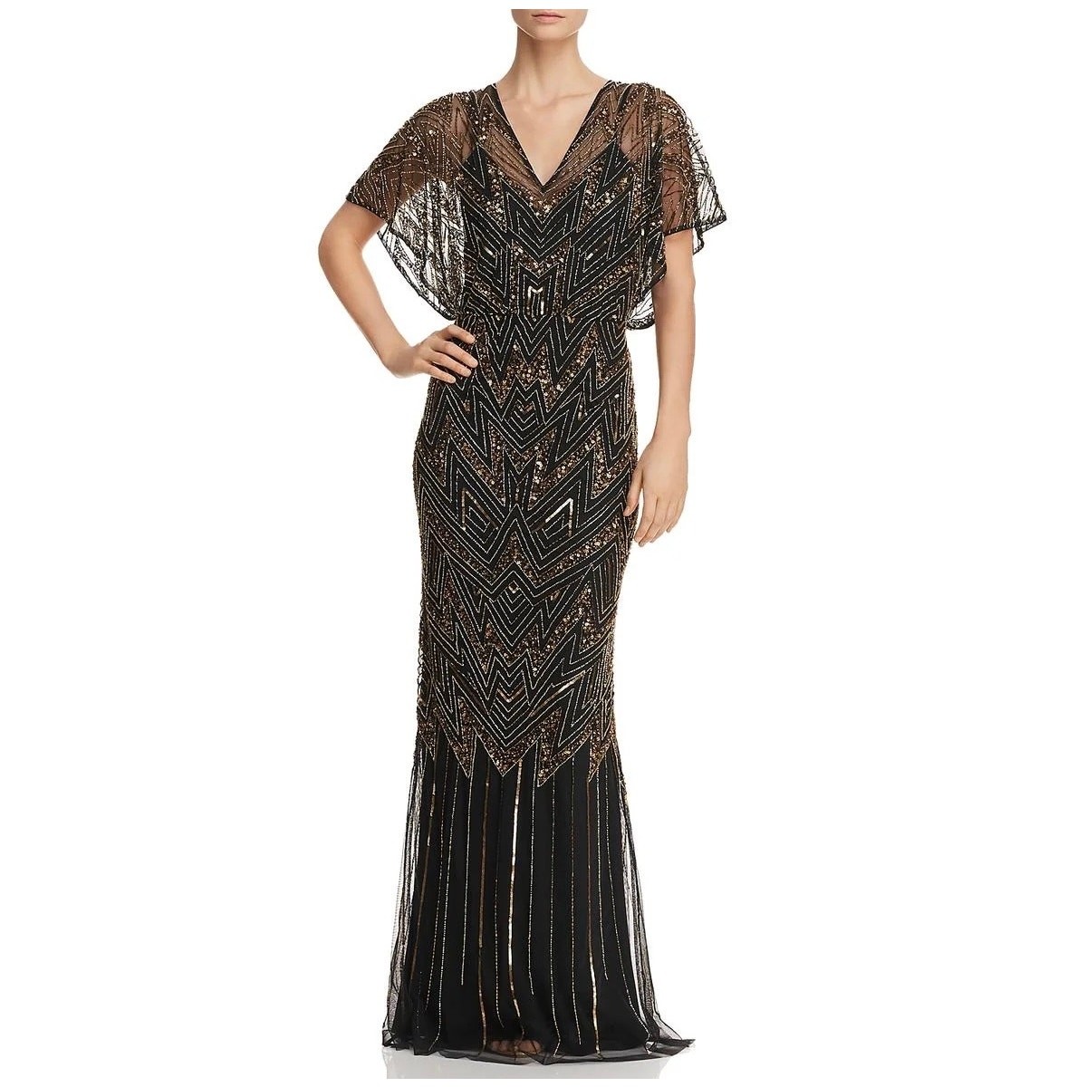 NWT Aidan Mattox Black Sequined Beaded V-Neck Short Sleeve Gown