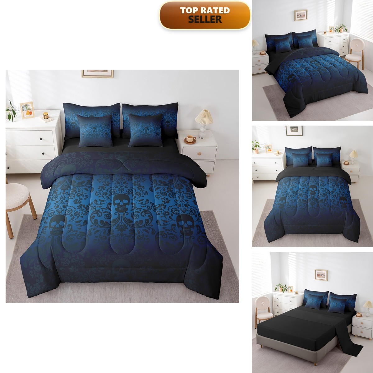 Damask Gothic Victorian Queen 7 Piece Comforter Set Navy Blue Black Sugar Skull