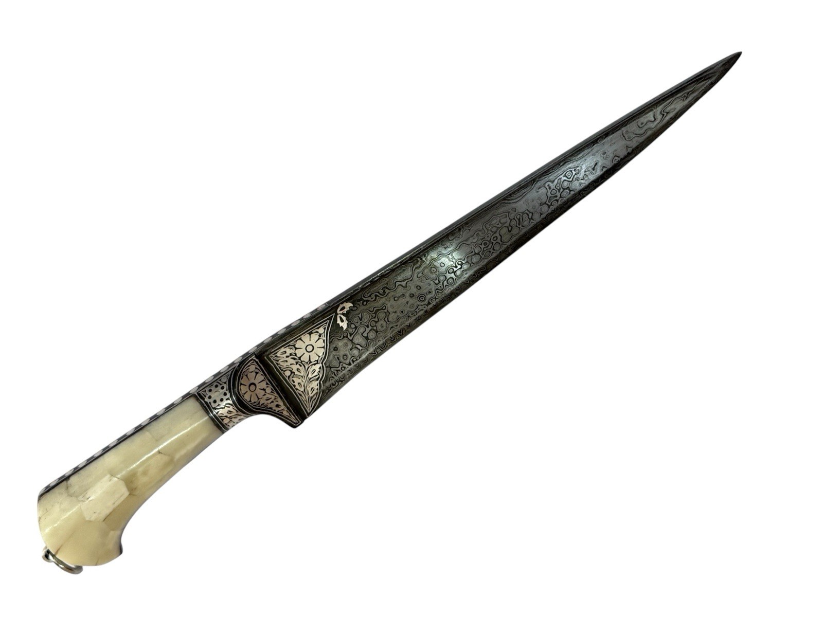 Ottoman Mughal Damascus Pesh Kabz Kripan with bone grips & silver koftgari 15” Ottoman Mughal Damascus Pesh Kabz Kripan with bone grips & silver koftgari 15”