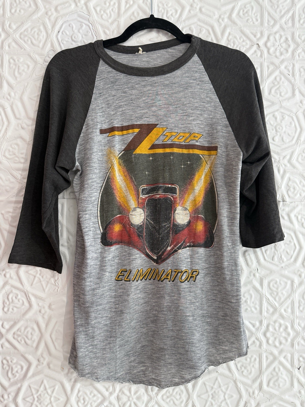 vintage 1983 ZZ Top Eliminator Raglan Tour Tee-Tshirt-Jersey-Double sided grey vintage 1983 ZZ Top Eliminator Raglan Tour Tee-Tshirt-Jersey-Double sided grey