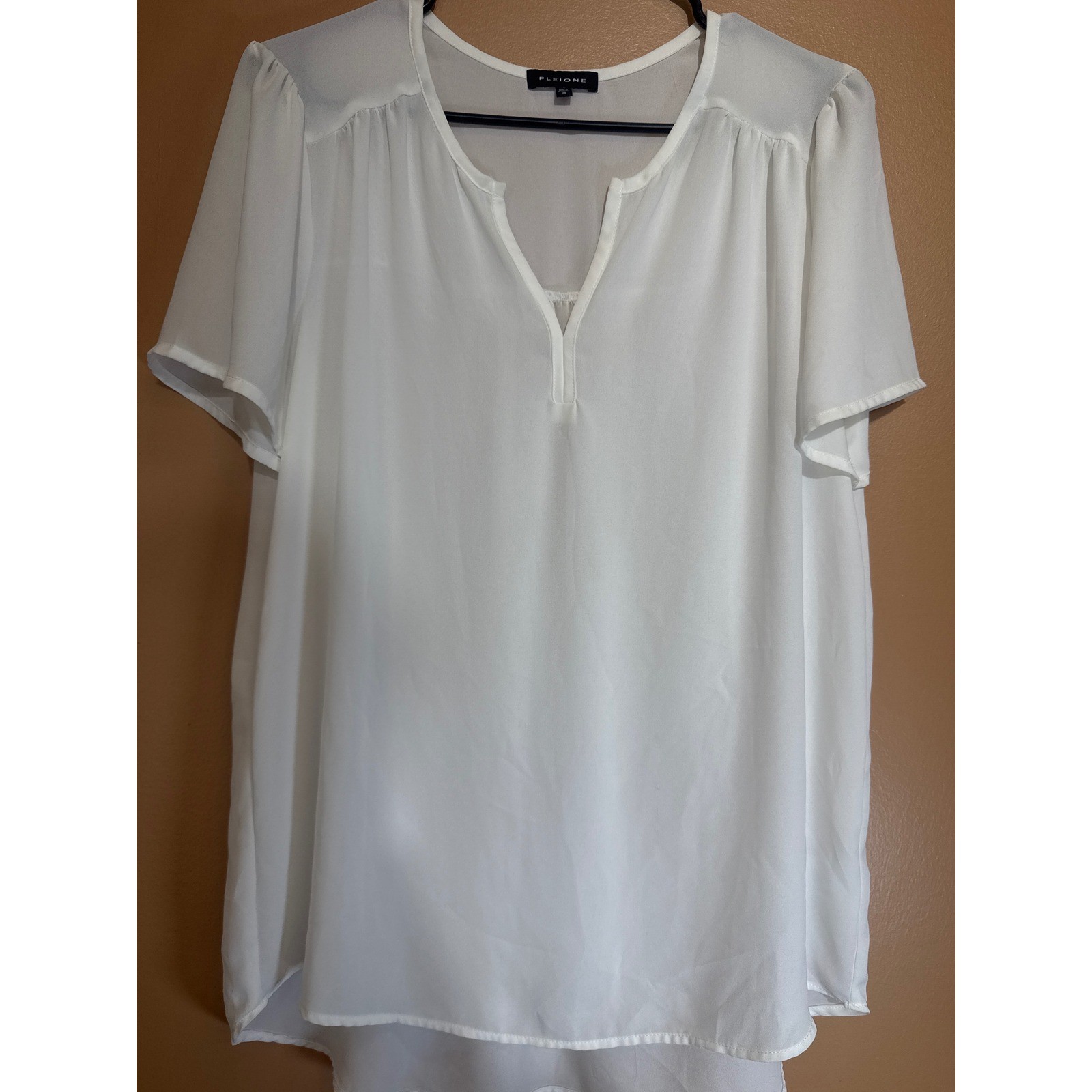 Pleione Womens White Split Neck Short Sleeve High Low Blouse Top Size M