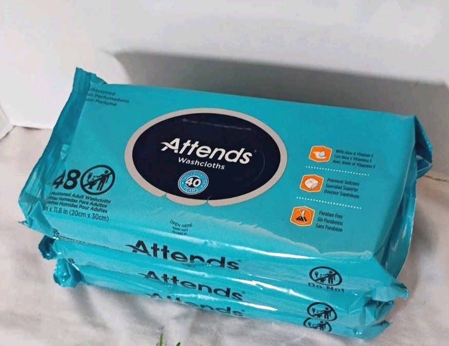 3 Packs Attends Unscented Pre-Moistened Adult Washcloths 48 wipes per pack 3 Packs Attends Unscented Pre-Moistened Adult Washcloths 48 wipes per pack