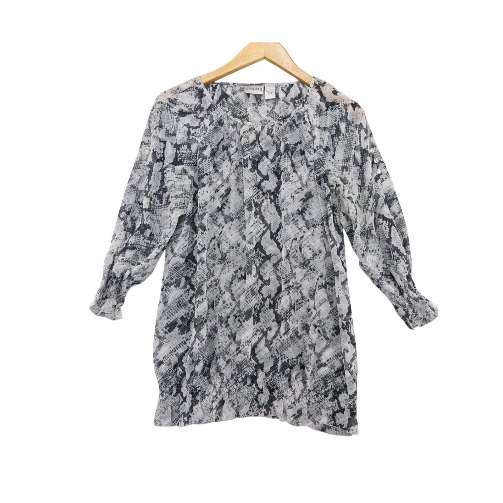 Chico\'s Blouse Womens 2 L Grey Snakeskin Print Bubble Hem Button Arm Slit