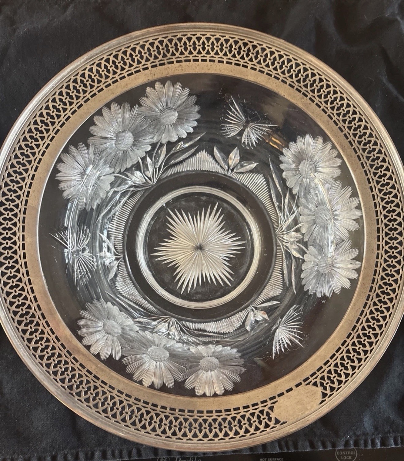 Antique Bowl Sterling Silver Rim Cut Glass Crystal Reticulated Pierced Floral