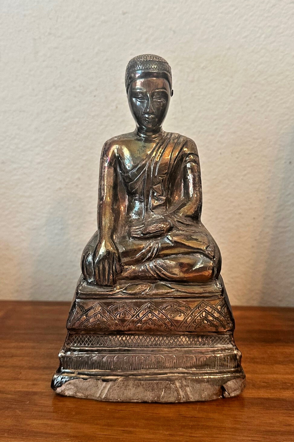 Antique 17th c Coin Silver Seated Buddha Figure, Bhumisparsha Mudra- 8.25