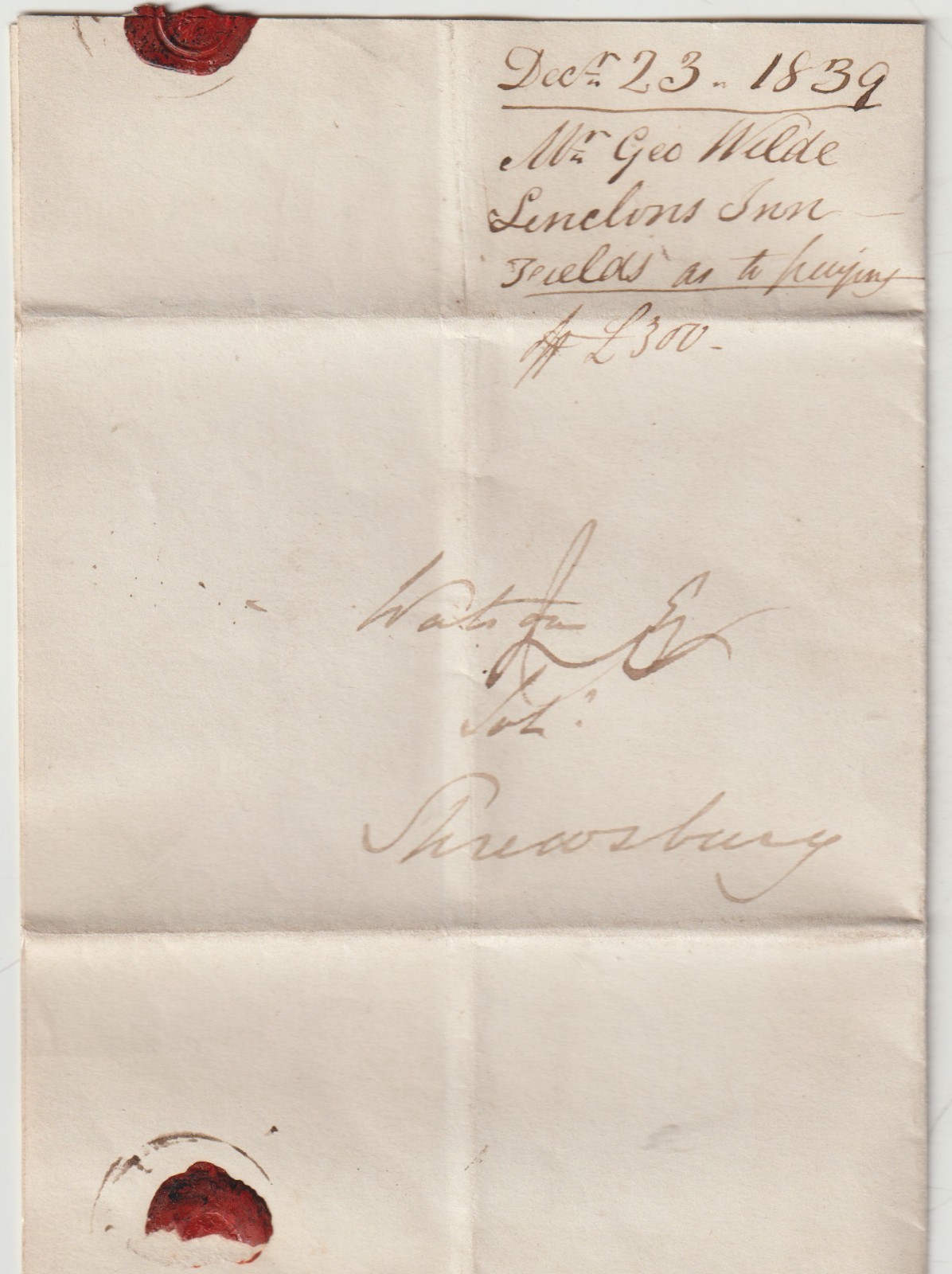 1839 DEC 23 LONDON LETTER IN UNIFORM 4d POST GEORGE WILDE TO WATSON SHREWSBURY 1839 DEC 23 LONDON LETTER IN UNIFORM 4d POST GEORGE WILDE TO WATSON SHREWSBURY