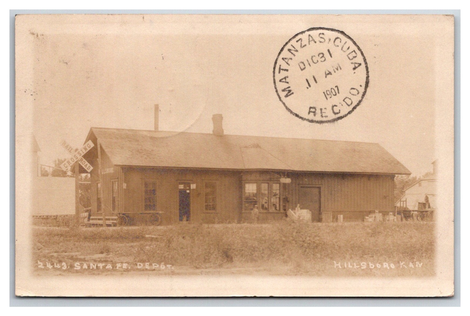 SANTA FE RAILROAD DEPOT RPPC ~ Hillsboro Kansas ~ Sent to CUBA SANTA FE RAILROAD DEPOT RPPC ~ Hillsboro Kansas ~ Sent to CUBA
