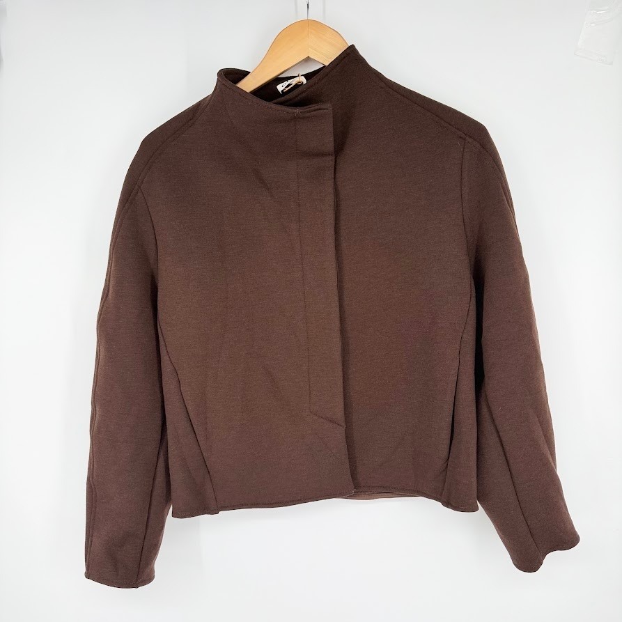 NEW OGL FuzzLuxe Minimalist Stand Collar Cropped Jacket XS Brown Modern Cozy