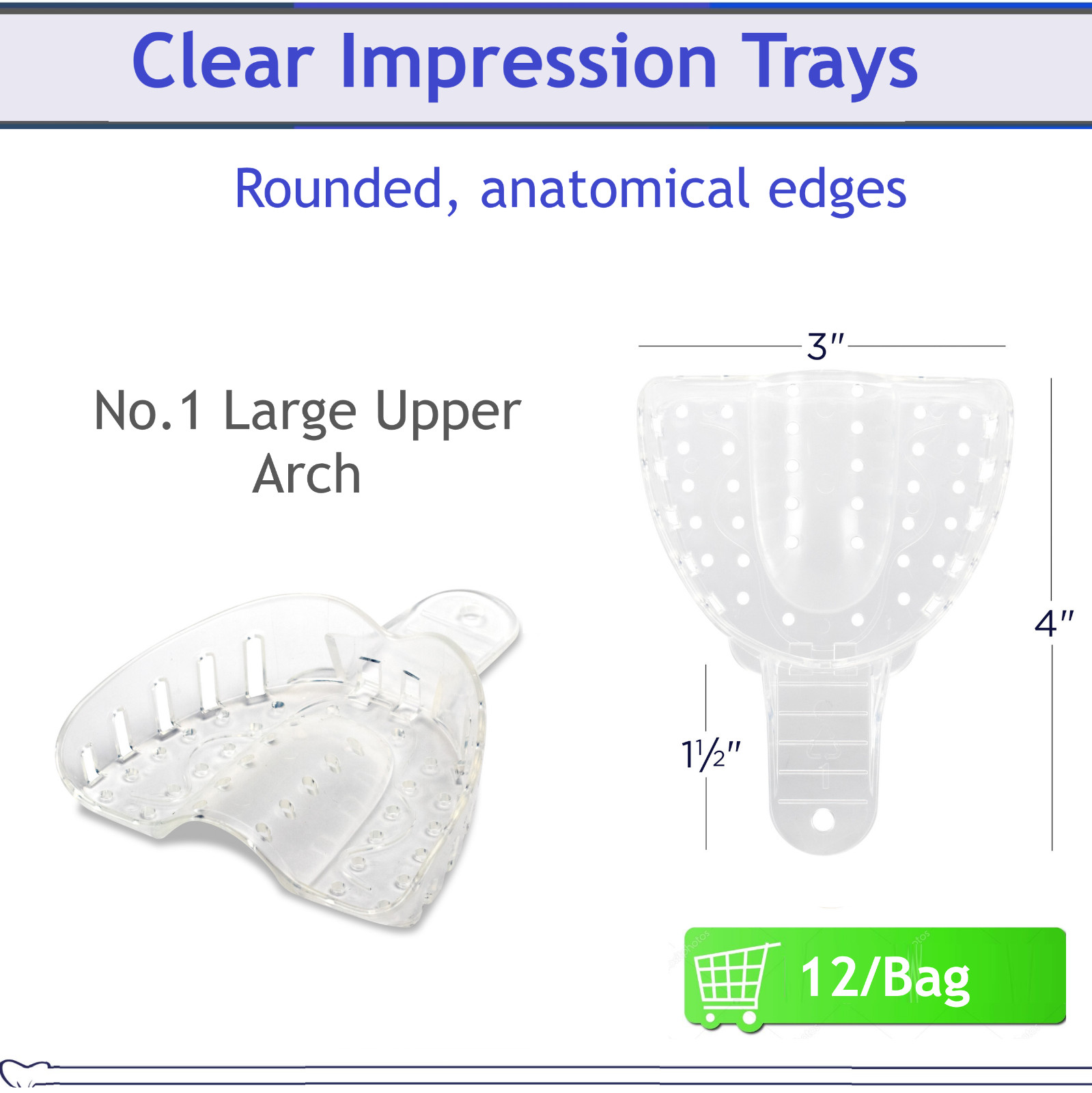 Dental VPS Tray No. 1 -10 Large Upper / Lower Arch -Clear Impression Trays 12/Bg