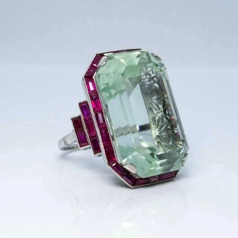 Vintage Art Deco Style 7CT Aquamarine & Ruby Halo Wedding Ring 14K White Gold FN Vintage Art Deco Style 7CT Aquamarine & Ruby Halo Wedding Ring 14K White Gold FN