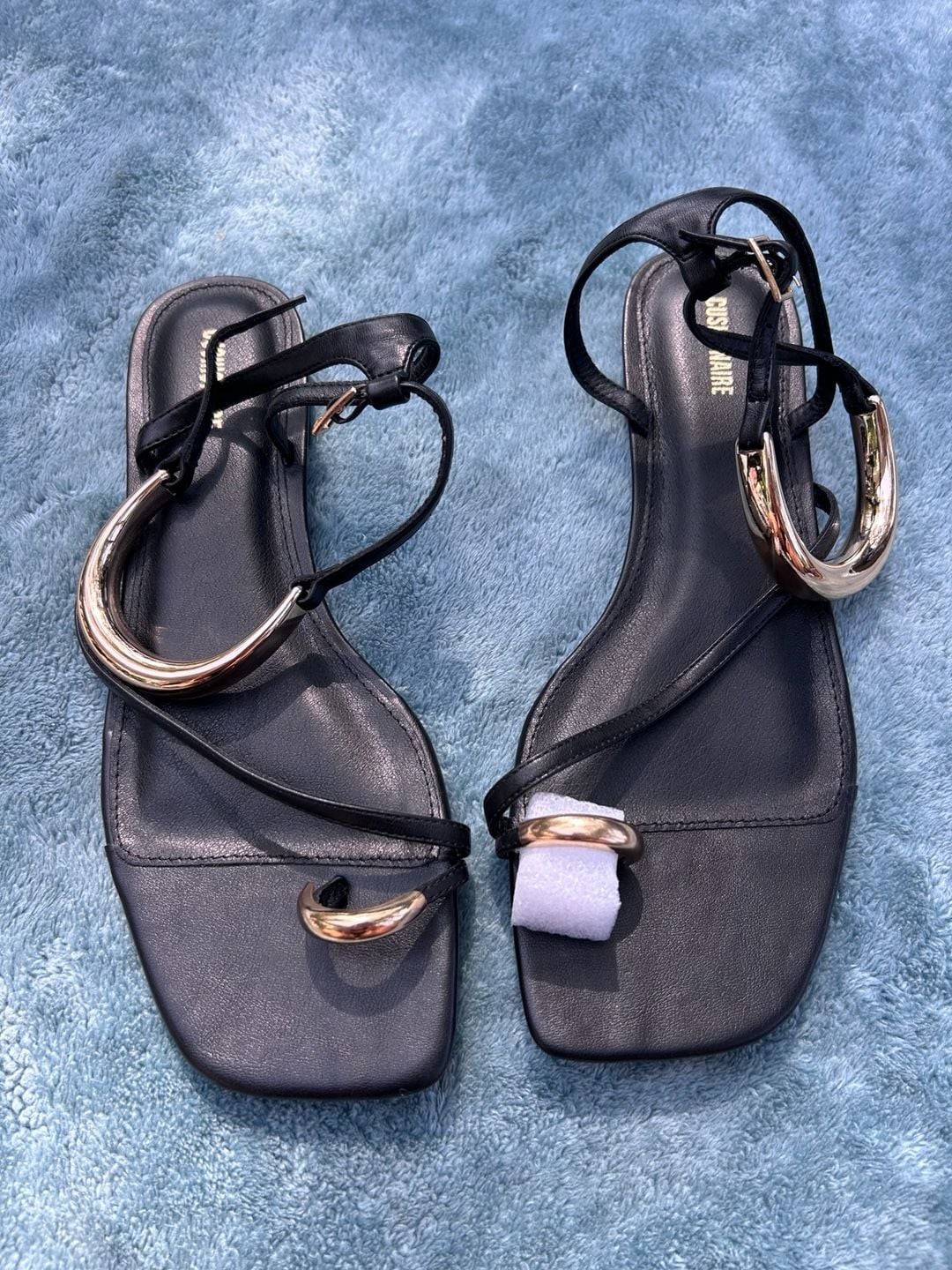 Cushionaire Secret Flat Sandals Size 11 Black Vegan Leather Gold Hardware