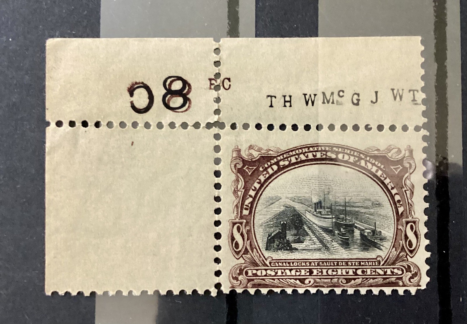 US Scott #298 1901 8c Pan-American Unused OG Corner Selvage Pressmen Marks