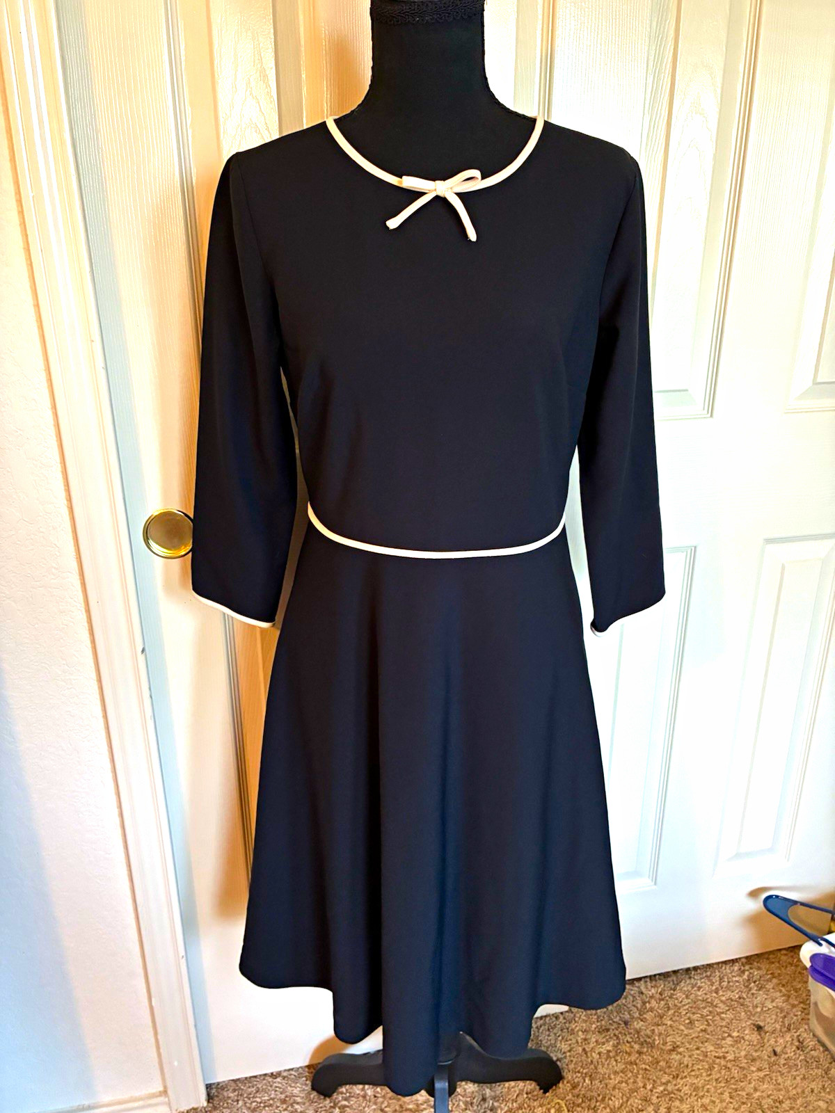 Vintage RSVP by Talbots Fit & Flare Dress 4P Black/Ivory Bow Round Neck Knee