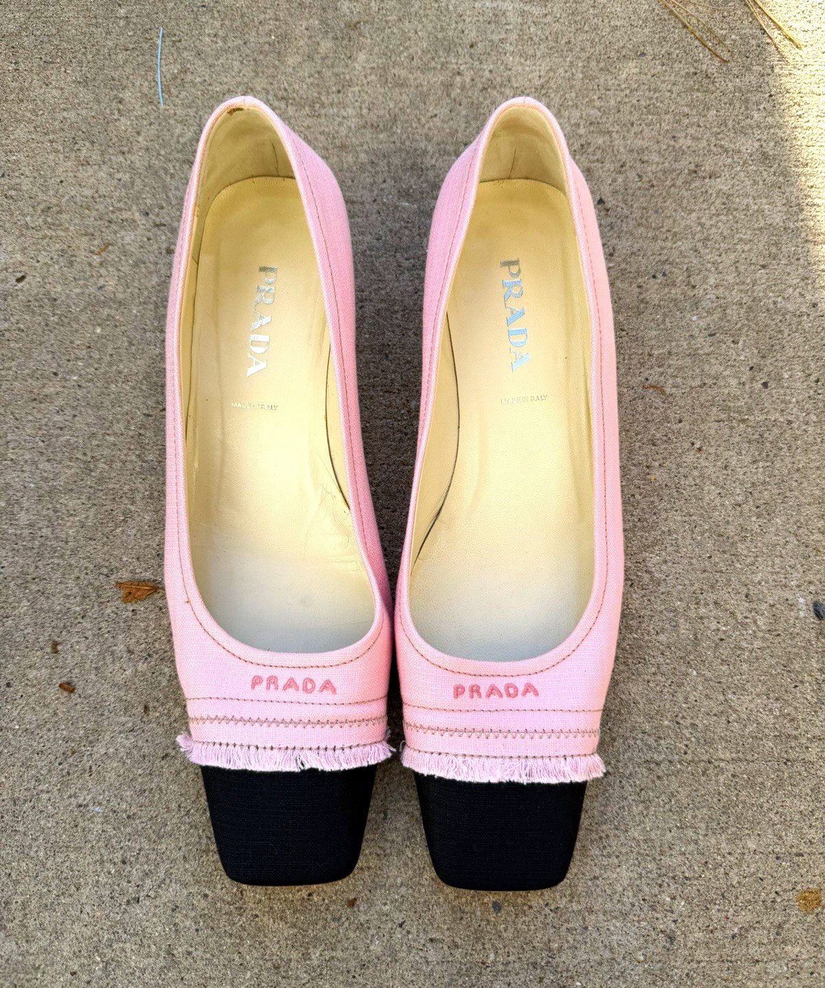 Prada Pink Black Canvas Square Toe Slip On Pump Heels Logo Accent US 7.5