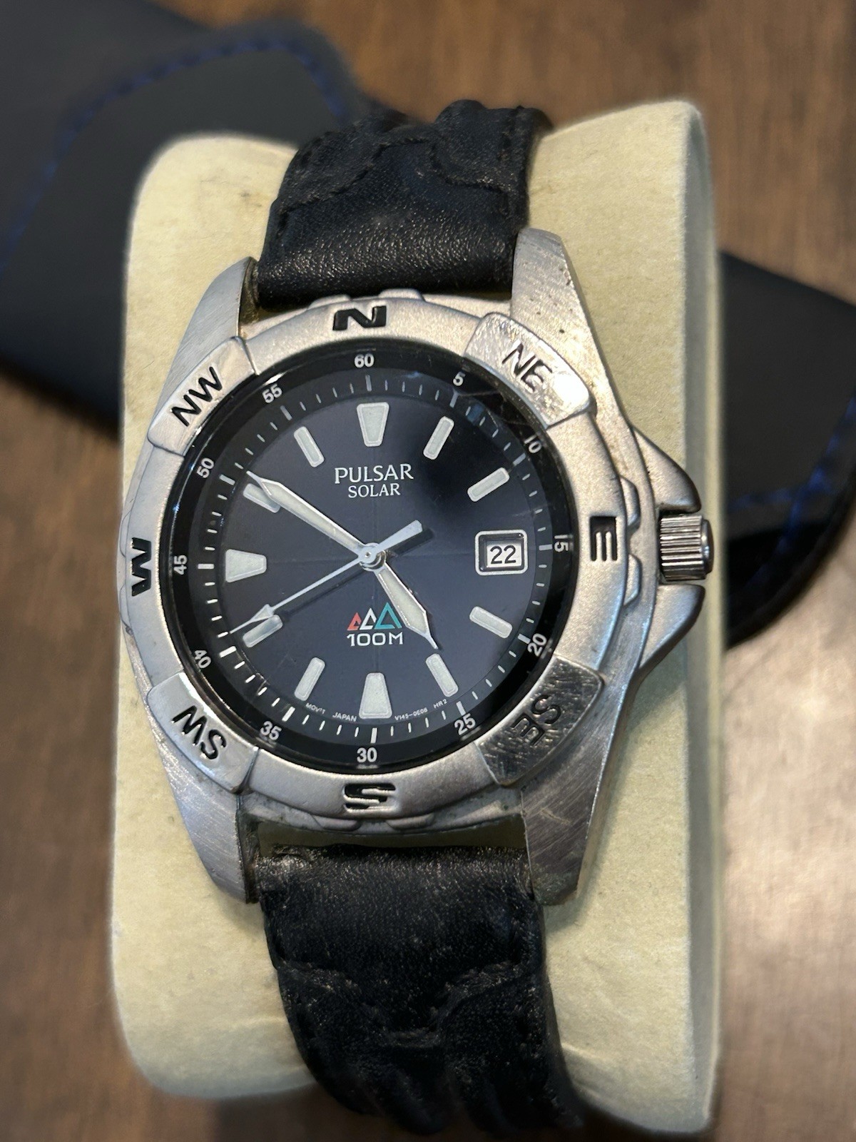 Vintage 1998 Seiko Pulsar Solar Men\'s Watch 42MM Black Dial Sapphire Crystal