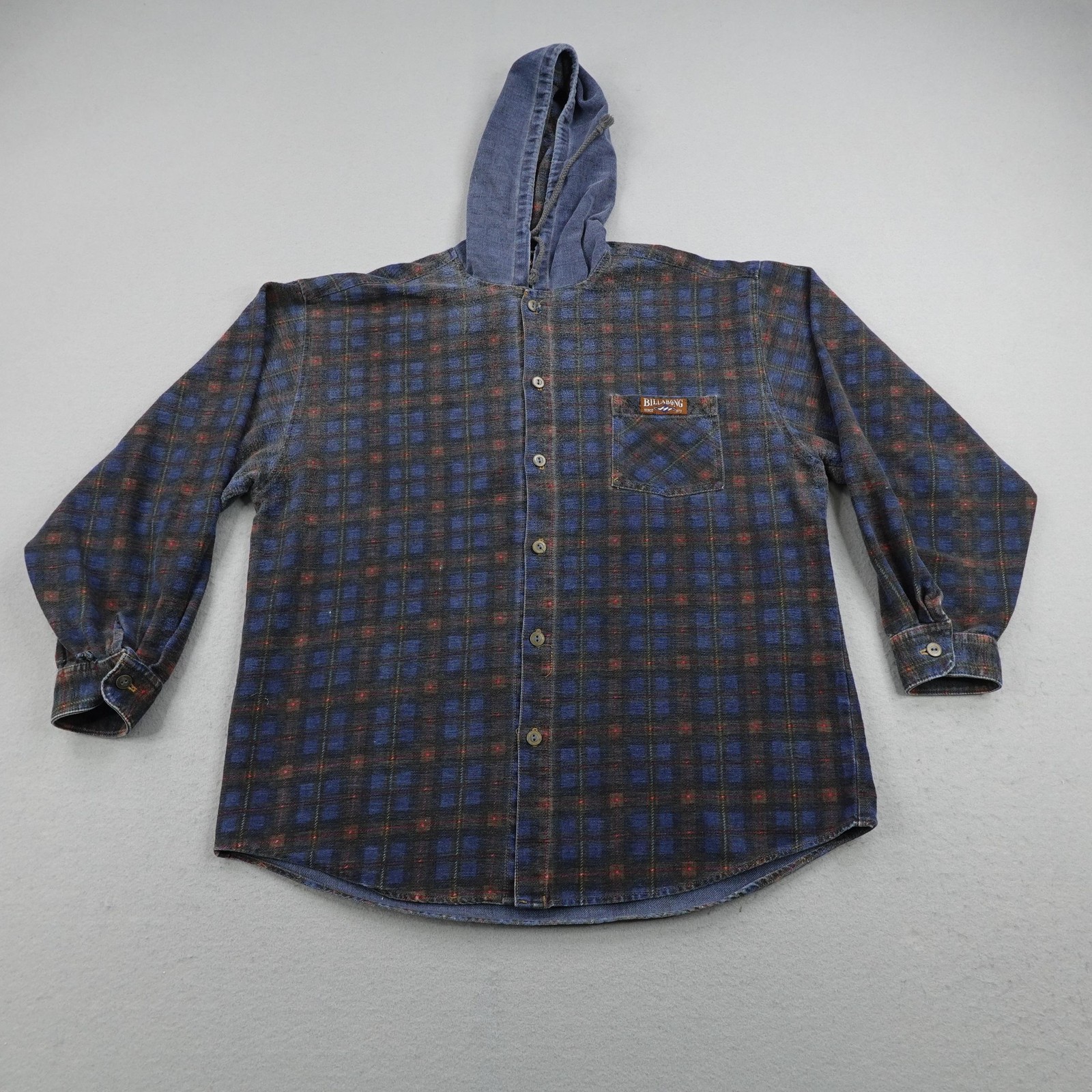 Vintage Billabong Shirt Mens XL Blue Plaid Hooded Flannel Button Up Skater 90s