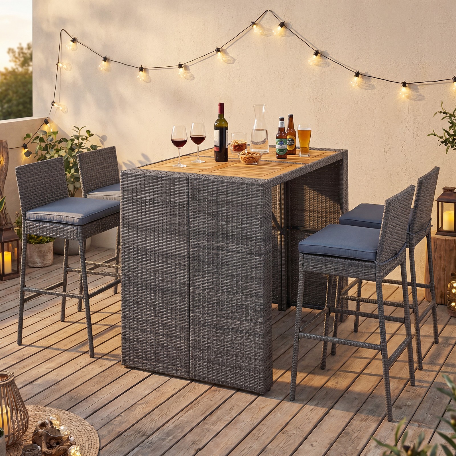 5-Piece Patio PE Wicker Bar Set with Backrest & Footrest for Garden, Poolside