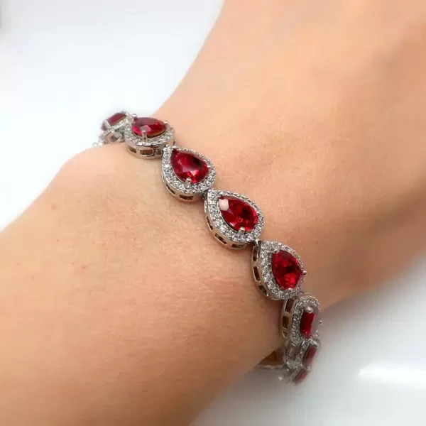 12.9 Ct Pear Cut Lab-Created Red Ruby Halo Bracelet 14K White Gold Plated