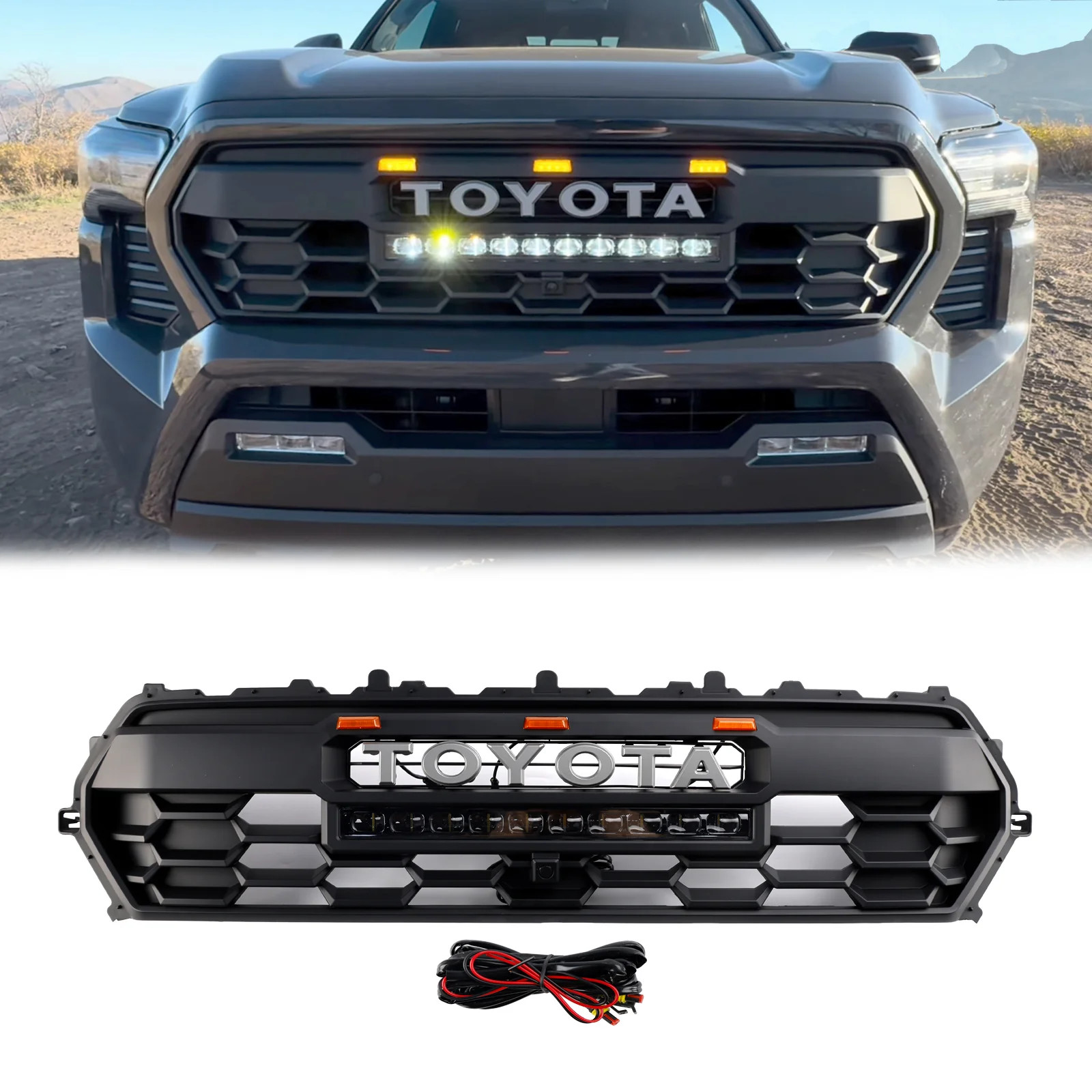 For 2024 2025 2026 TACOMA Front Bumper Grille Black Grill With 3LEDs & Light bar