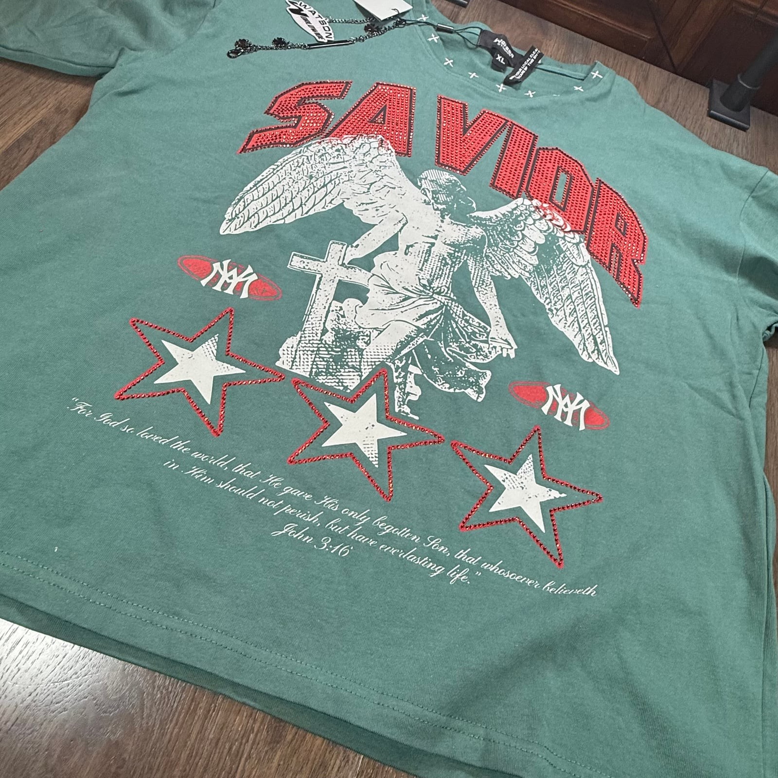Watson Studios Savior Rhinestone Graphic T Shirt Mens XL Green New With Tags