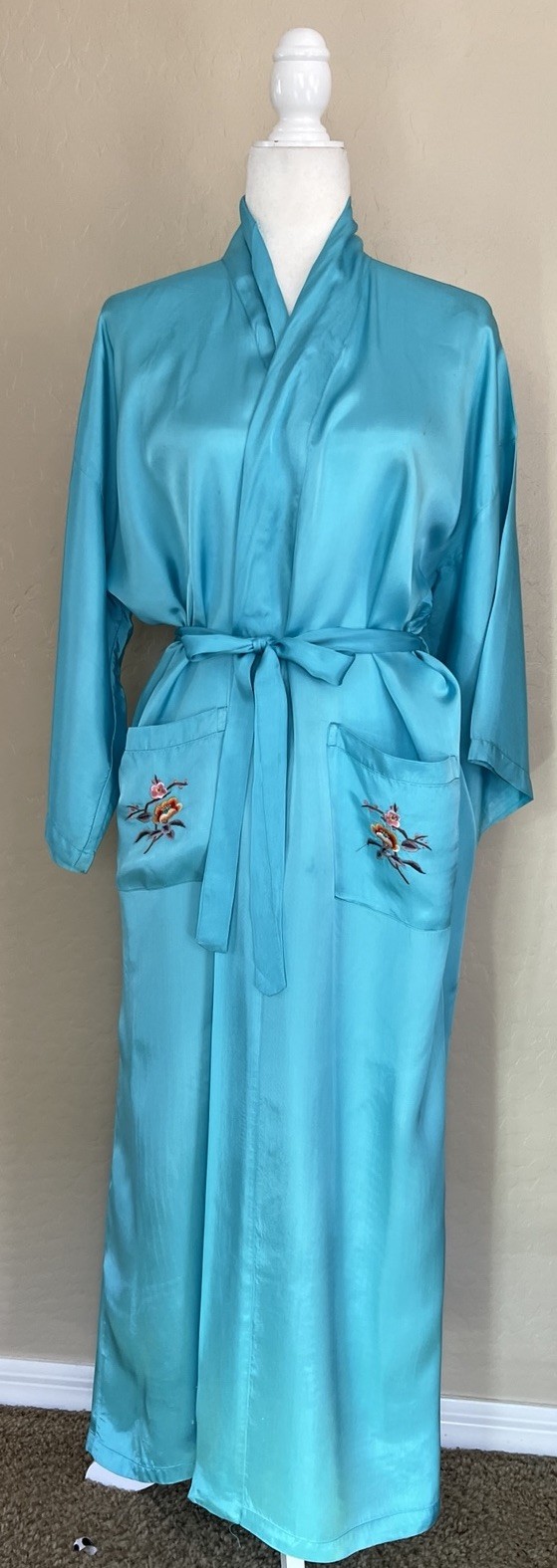 Vintage 60s Lyre Bird Kimono Robe Aqua Blue Red Embroidered Floral Women SZ Med