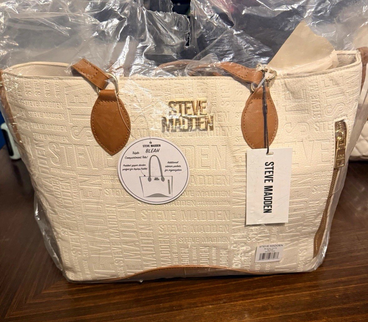 NWT Steve Madden Bone Logo Embossed Tote Bag Zip Closure Gold Hardware w Pouch