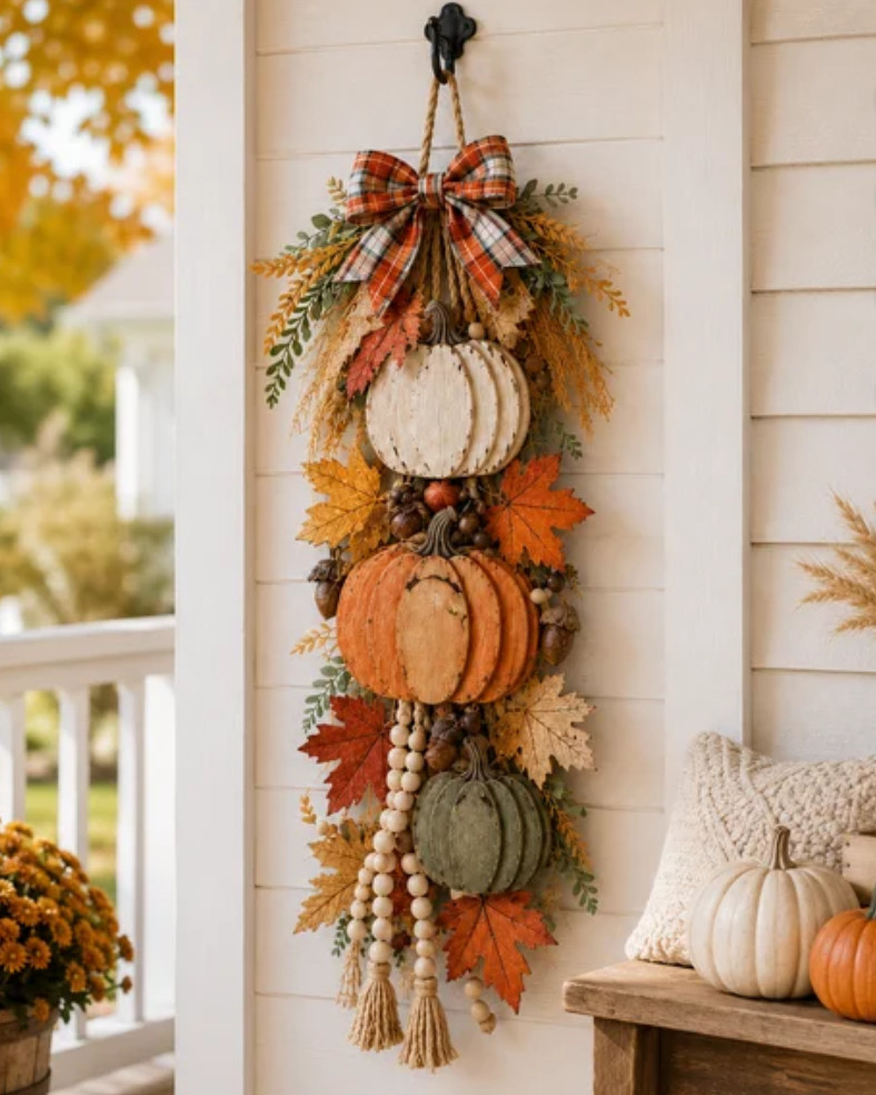 Rustic Wooden Pumpkin Door Hanger with LED Lights – Autumn Front Door Decor