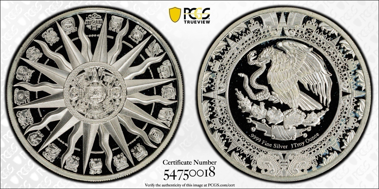 No date Mexico 1 Oz Silver .999 Aztec Sun Calendar Medal Top Pop PCGS MS68