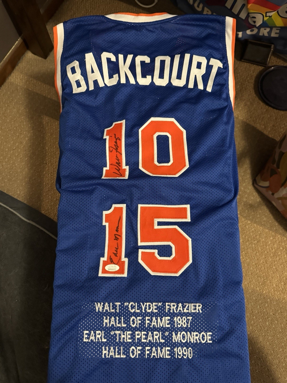 Walt Frazier Earl Monroe signed Knicks HOF Backcourt Jersey JSA authenticated Walt Frazier Earl Monroe signed Knicks HOF Backcourt Jersey JSA authenticated