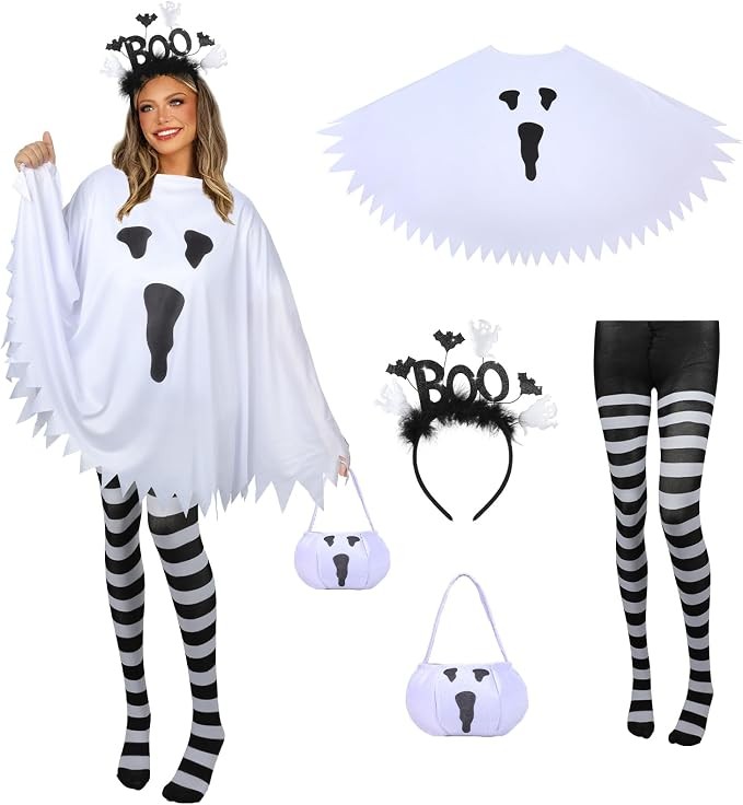 4 PCS Halloween Costume Set for Women Adult Ghost Costume, Ghost Poncho, Candy b