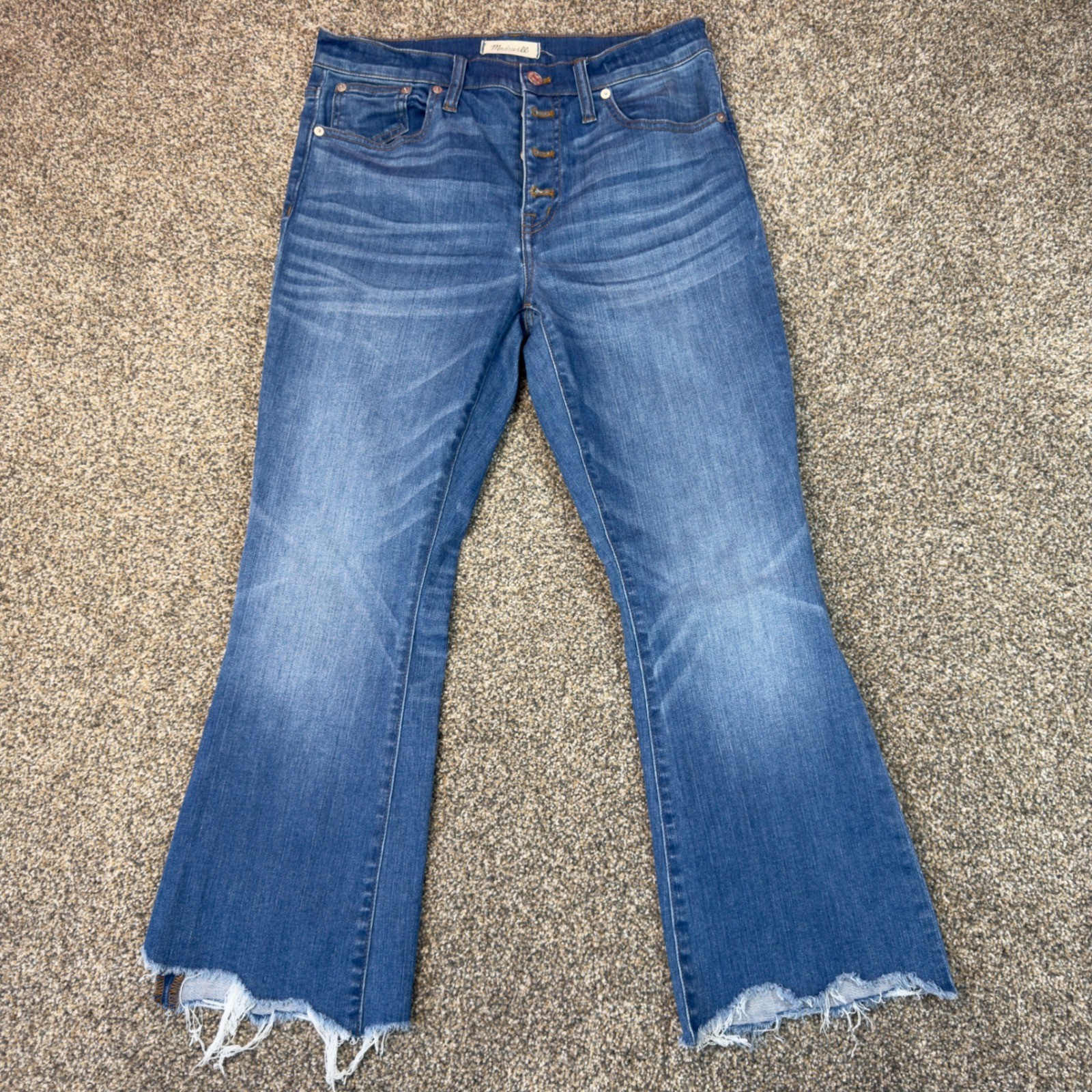 Madewell Cali Demi-Boot Jeans 29 Button Fly Raw Hem Medium Wash Blue Denim Chic