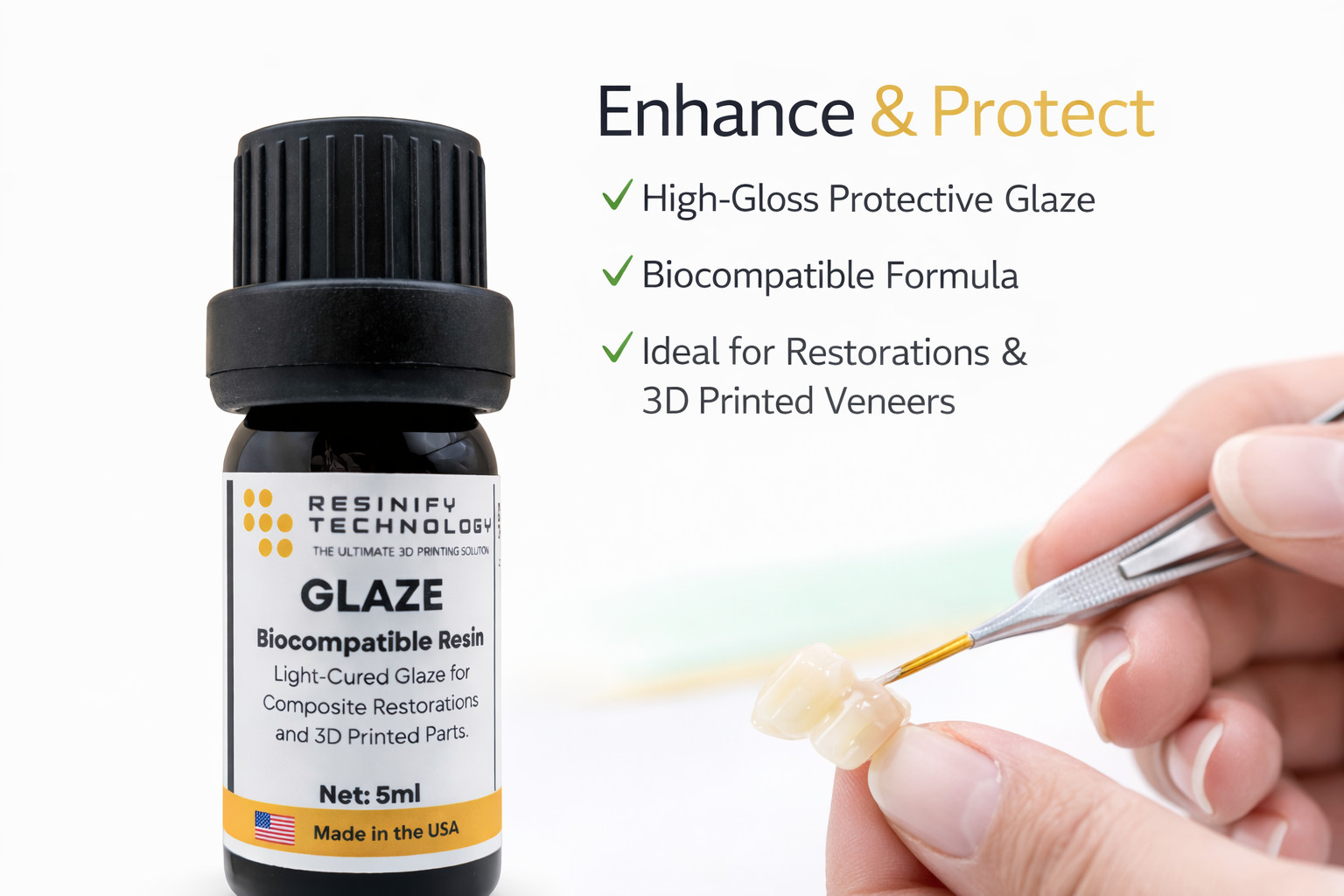 Resinify Glaze Dental Resin – 405nm Light Cure for Crowns & Dentures 5/15ml