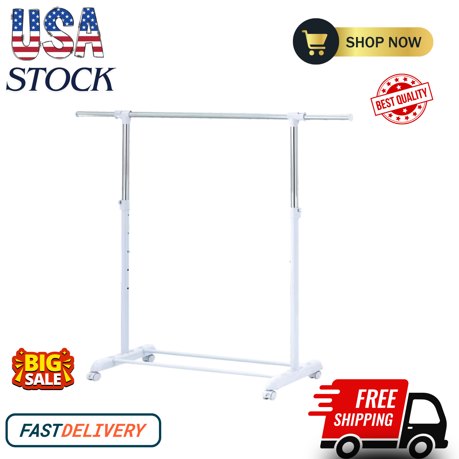 Mainstays Adjustable Metal Rolling Garment Rack, Chrome & White.......