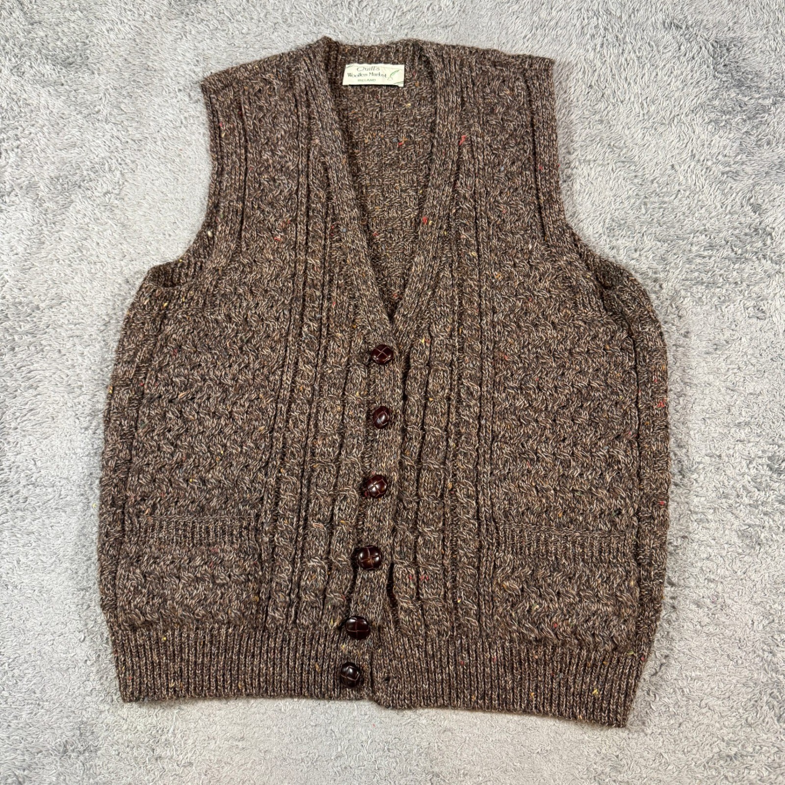 Quill\'s Woollen Market Ireland Men M Brown Cable Knit Wool Button Vest