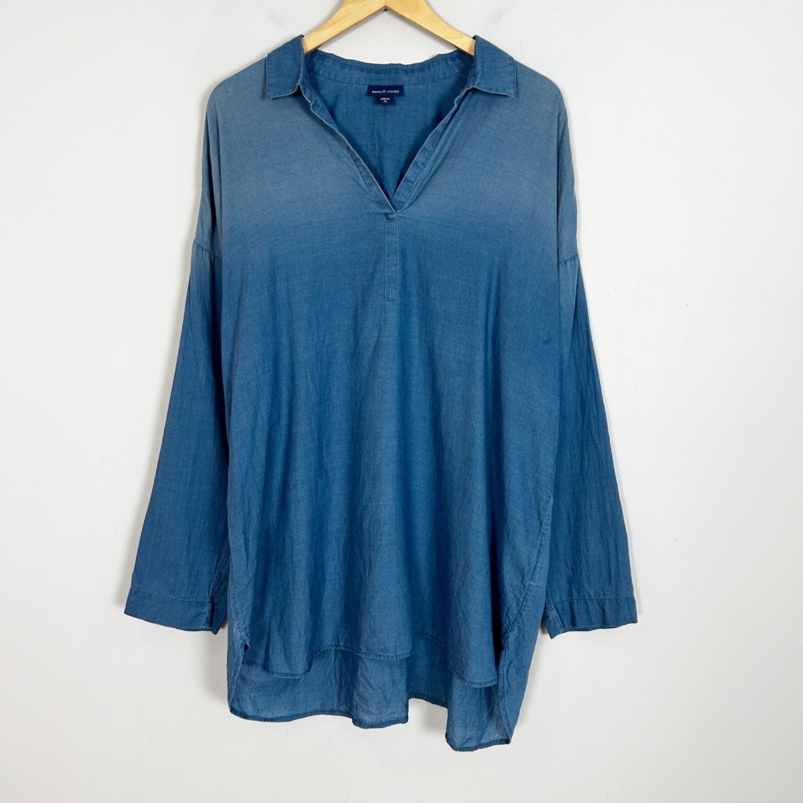 PureJill by J.Jill Blue Indigo Tunic Top Collared Boho Lightweight Sz Large Tall