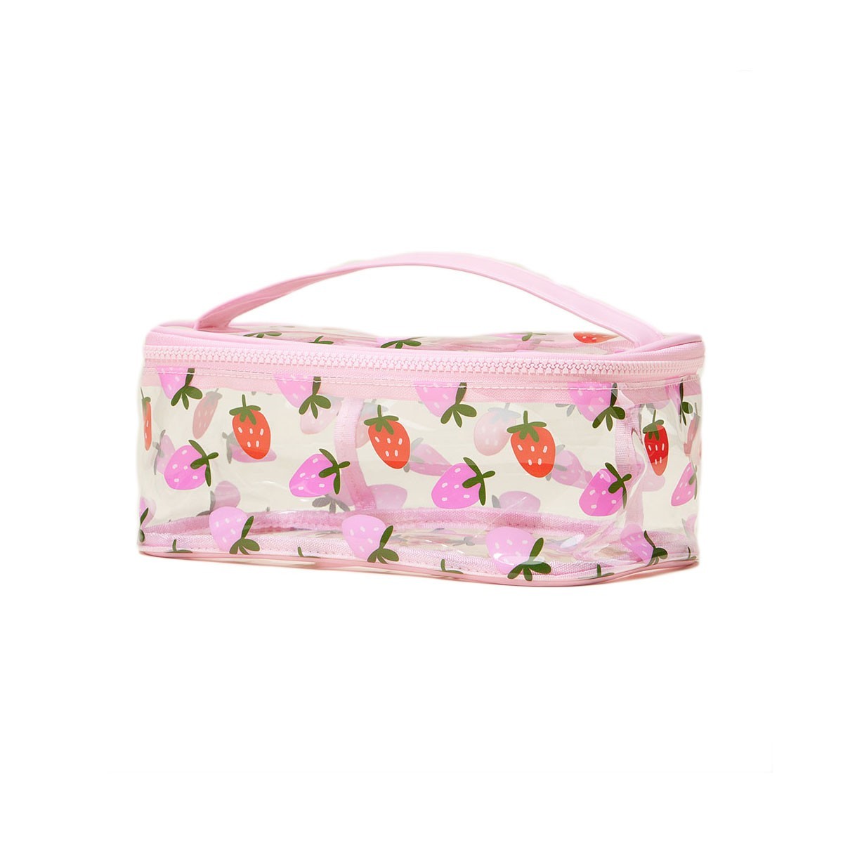 TIGERSTARS PINK TOP HANDLE STRAWBERRY PATTERN TRANSPARENT COSMETIC POUCH BAG