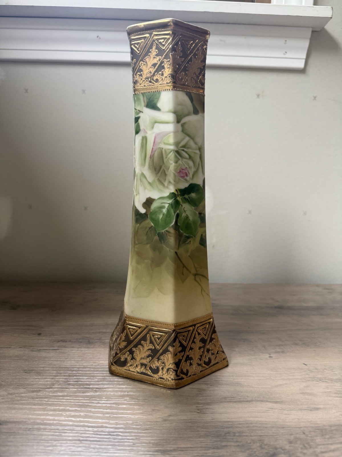 Nippon Antique Hand Painted Porcelain Hexagon Vase Rose Floral Gold Trim
