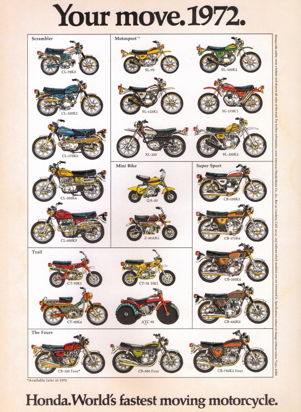 1972 HONDA MOTORCYCLE LINEUP SALES AD/ BROCHURE VINTAGE