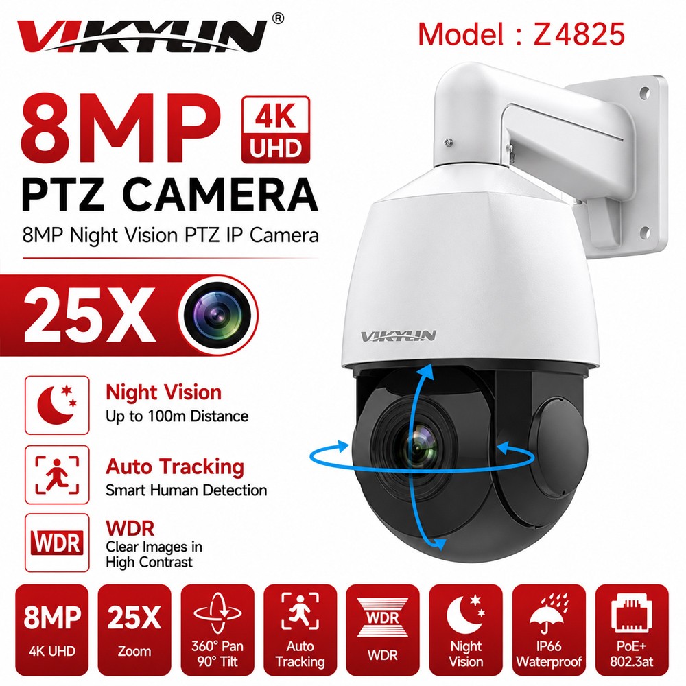 Vikylin 4K 8MP 25X PTZ Camera PoE Camera Auto Tracking Human Vehicle Detection