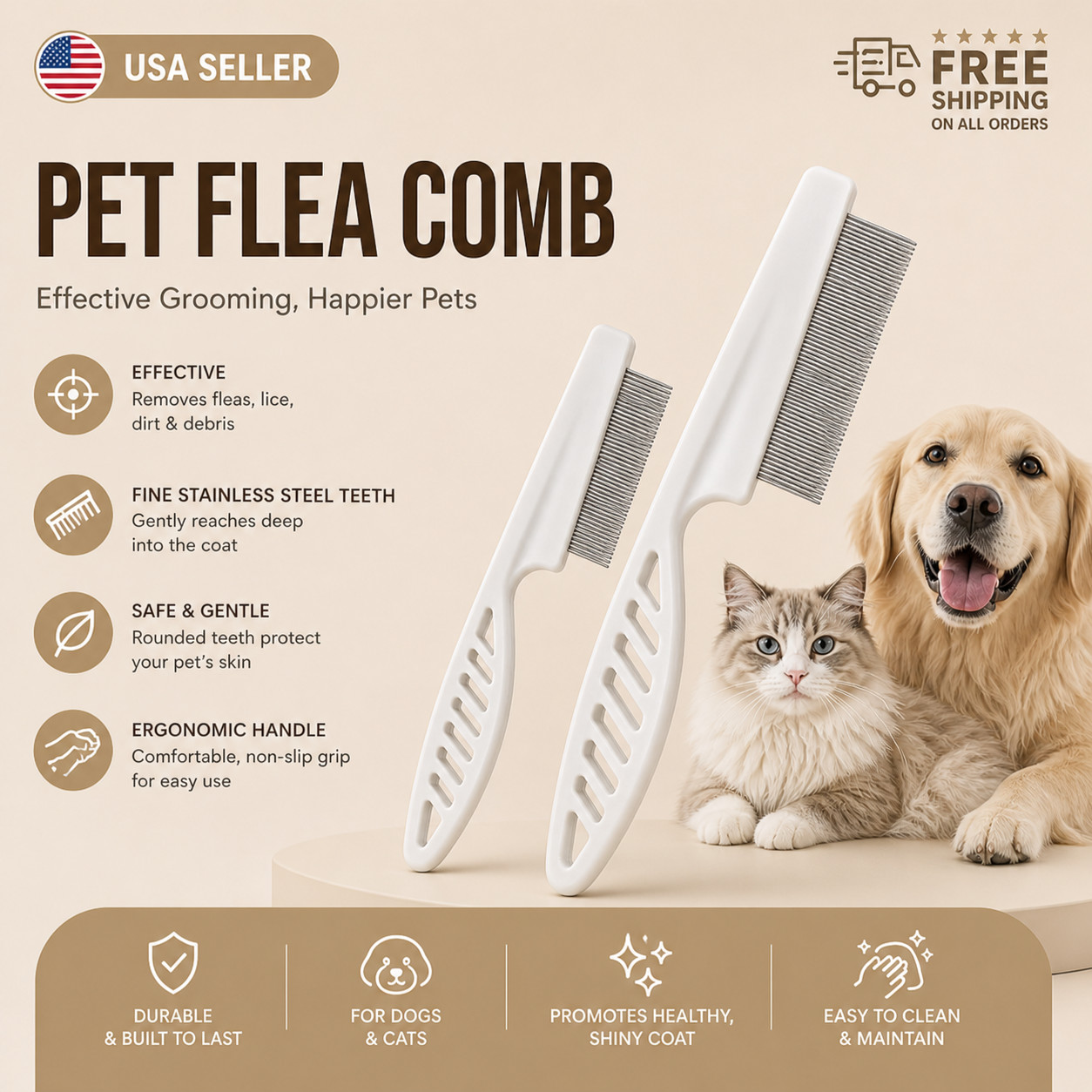 2Pack Pet Flea Comb for Dogs & Cats Stainless Steel Teeth Pet Hair Grooming Tool