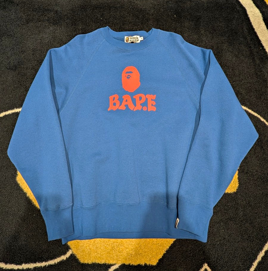 A Bathing Ape BAPE Ape Head Logo Graphic Crewneck Fleece Sweatshirt M Blue