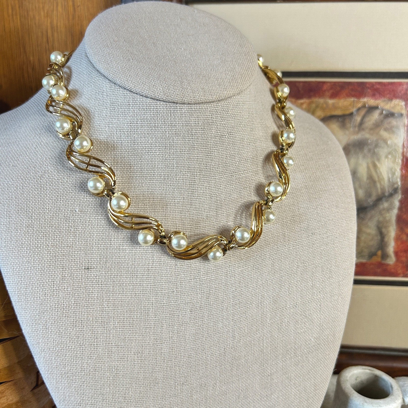 Vintage 1980\'s Napier Art Deco Pearl & Gold Necklace