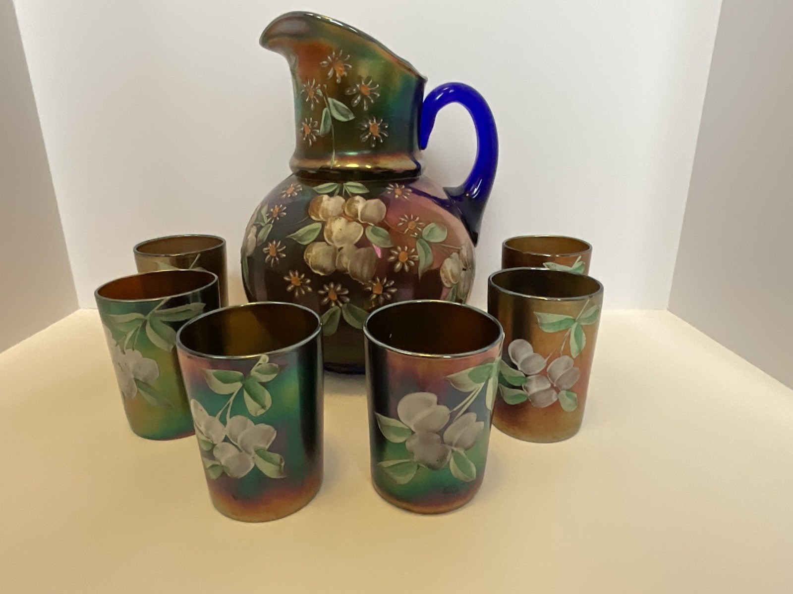 Rare Vintage Northwood Amethyst Hand Painted “Cherries” Pitcher & Tumbler Set Rare Vintage Northwood Amethyst Hand Painted “Cherries” Pitcher & Tumbler Set