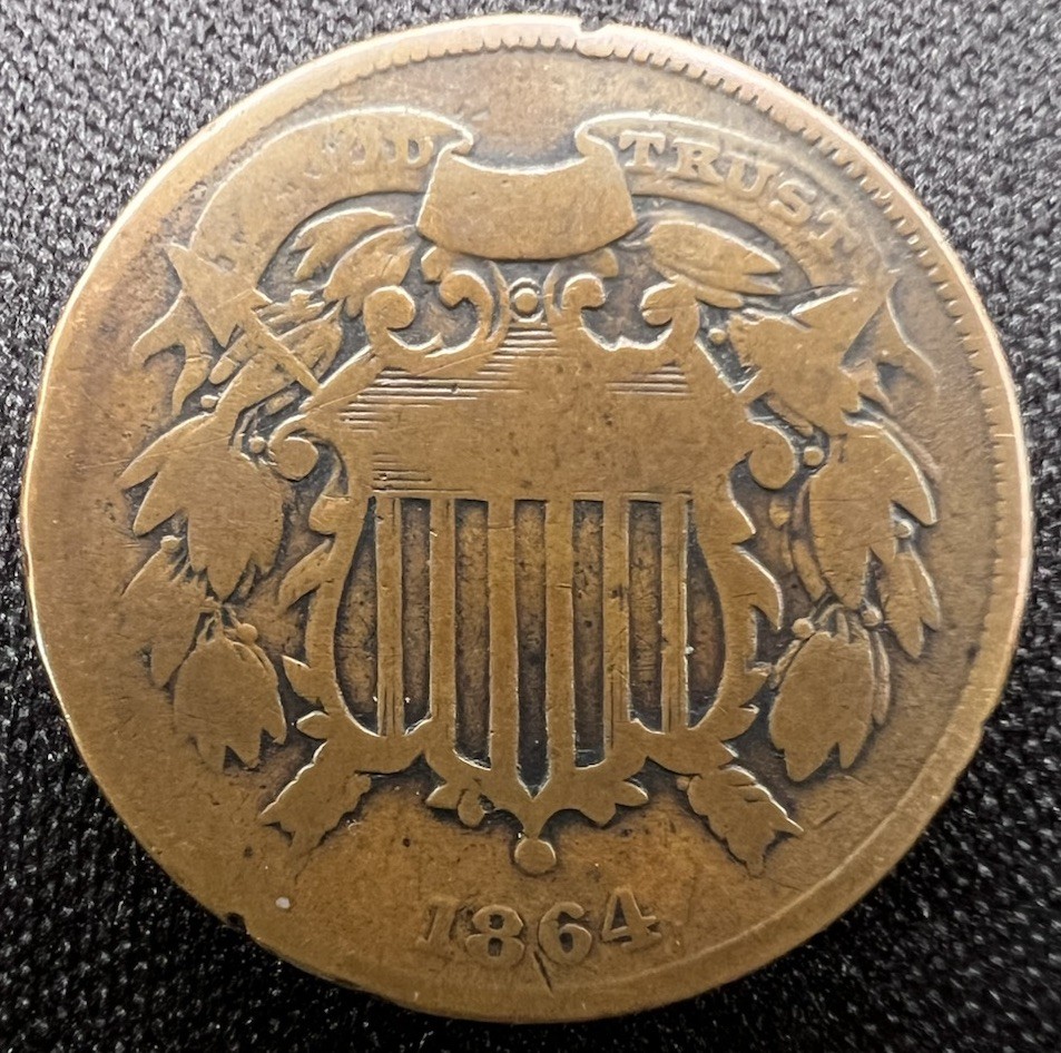1864 SMALL MOTTO Two Cent Piece, VG+ “God Trust” Visible Extremely Rare Type 2c