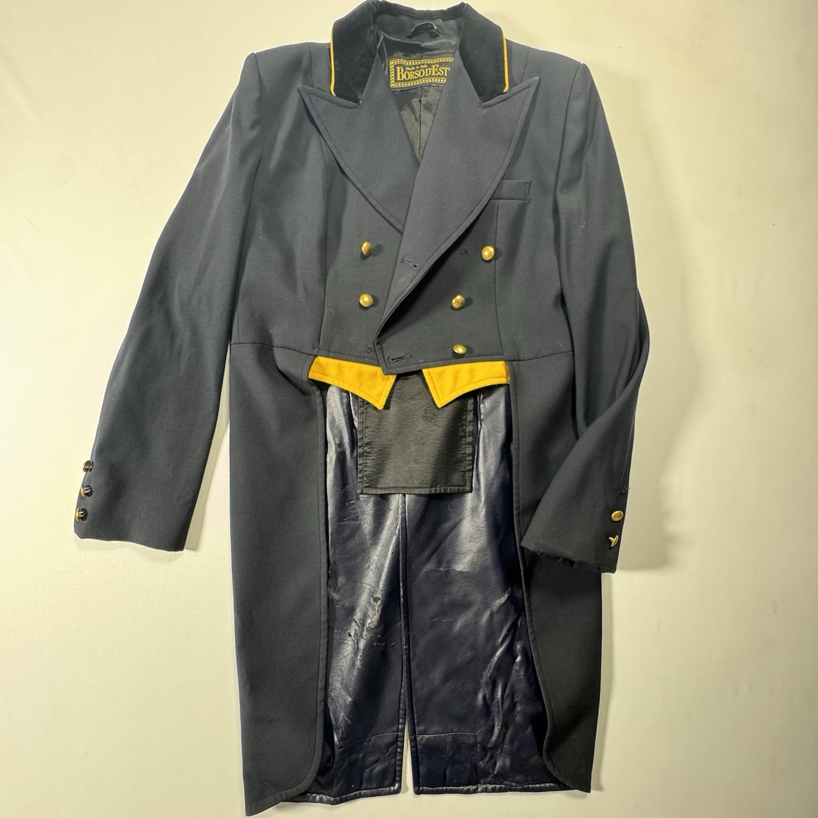 VTG Borso d’Este Italy Navy Wool Dressage Shadbelly Sz 37R Leather Lined  Tails
