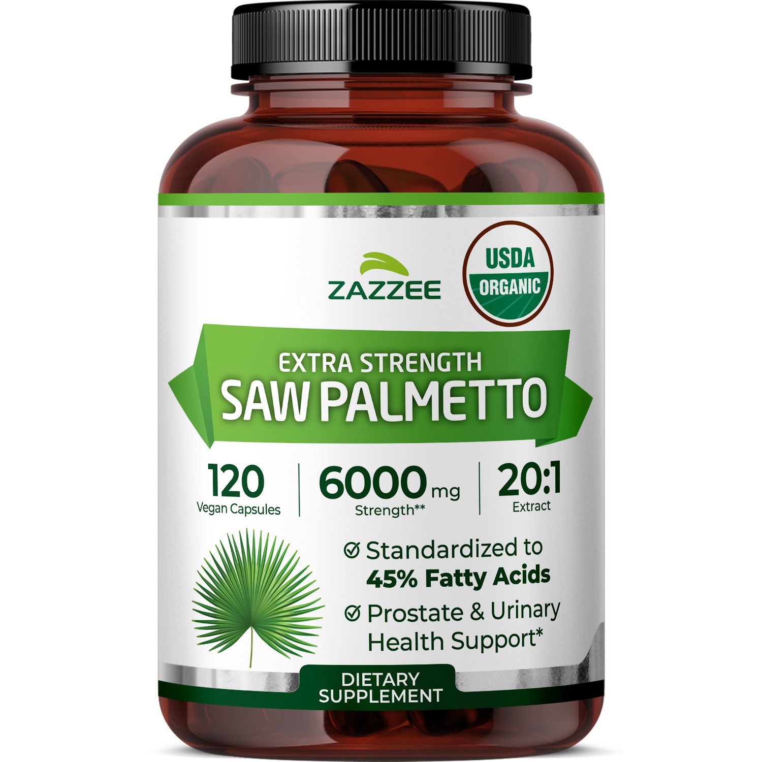 Zazzee USDA Organic Saw Palmetto 20:1 Extract, 6000 mg Strength, 120 Capsules
