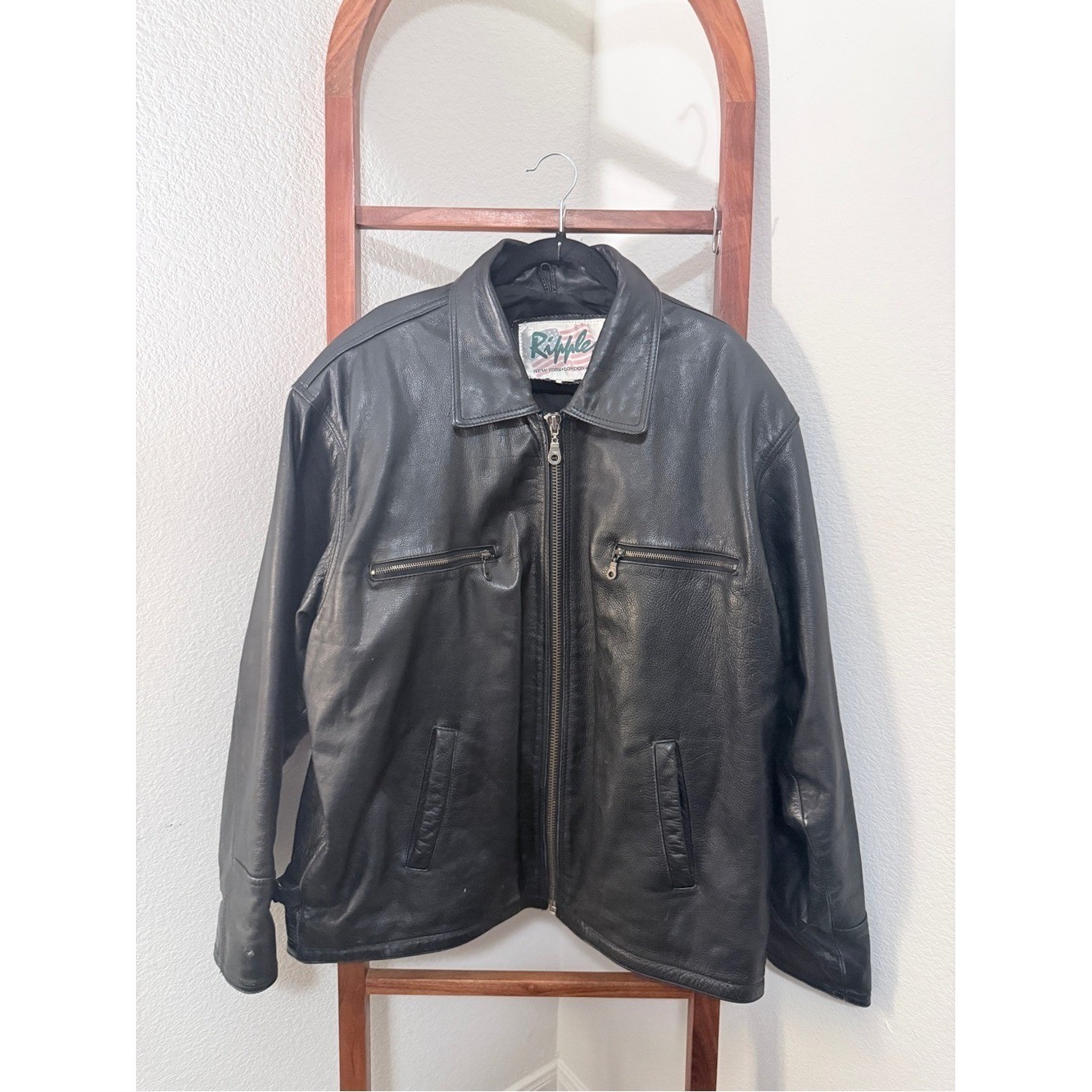 Ripples Leather Bomber Jacket Mens XXL Black Good Vintage 90s Zip Pockets