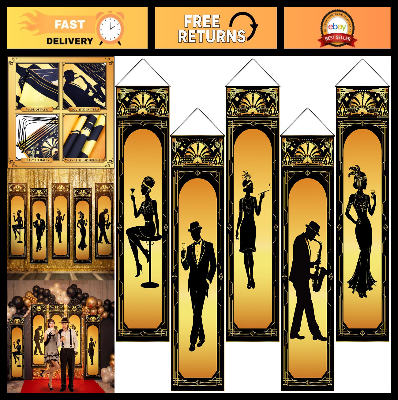 5 Pcs 1920s Roaring 20s Party Decorations - Black Gold Hanging Banners Set